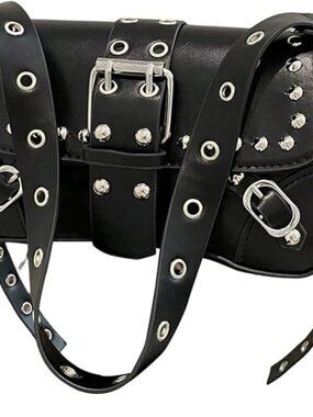 NEW Black Gothic Leather Shoulder Handbag Punk Rivet Flap Studded Underarm Bag